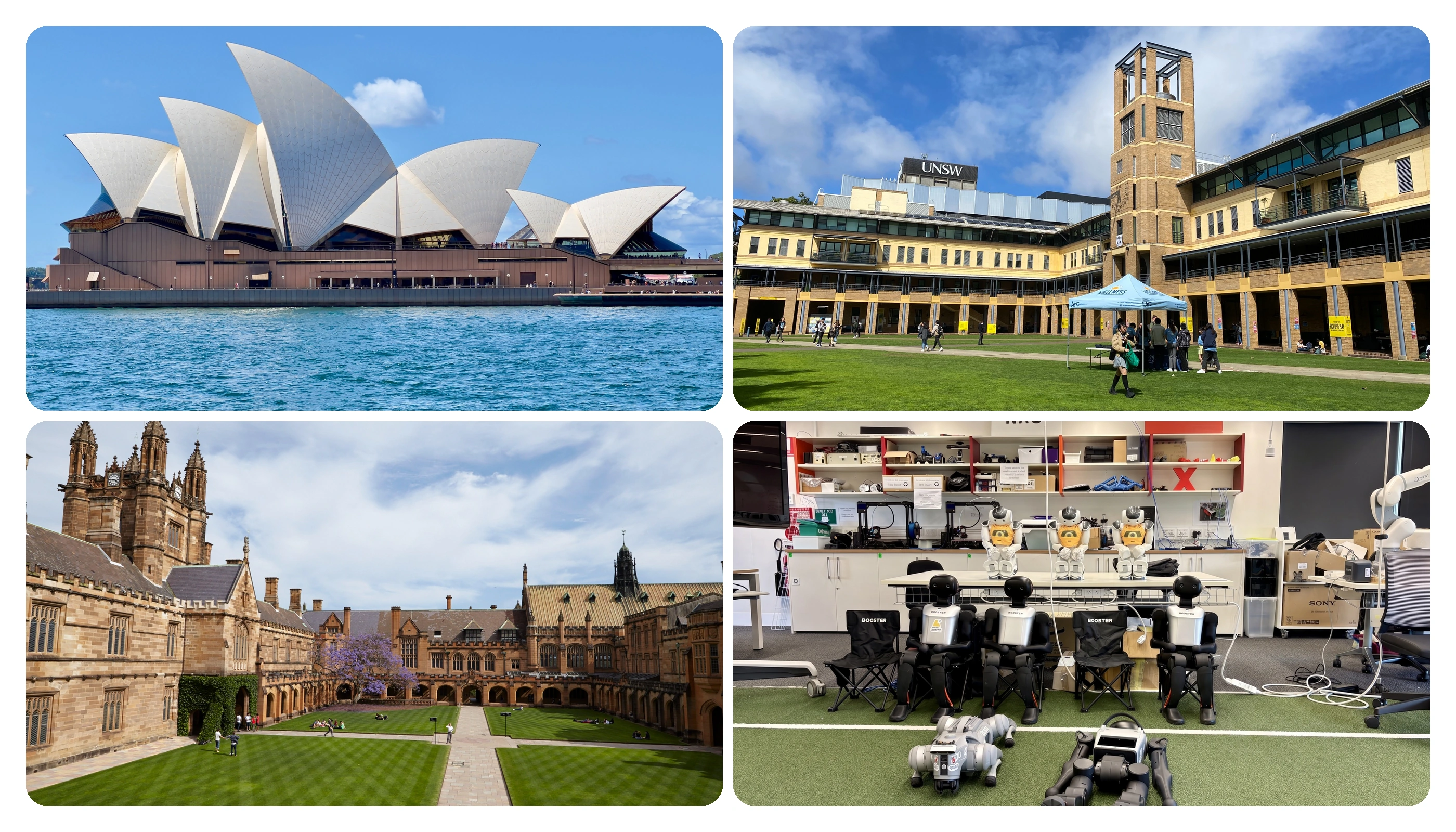 Sydney Opera House, UNSW and University of Sydney campuses, and a university robotics lab with humanoid and quadruped robots