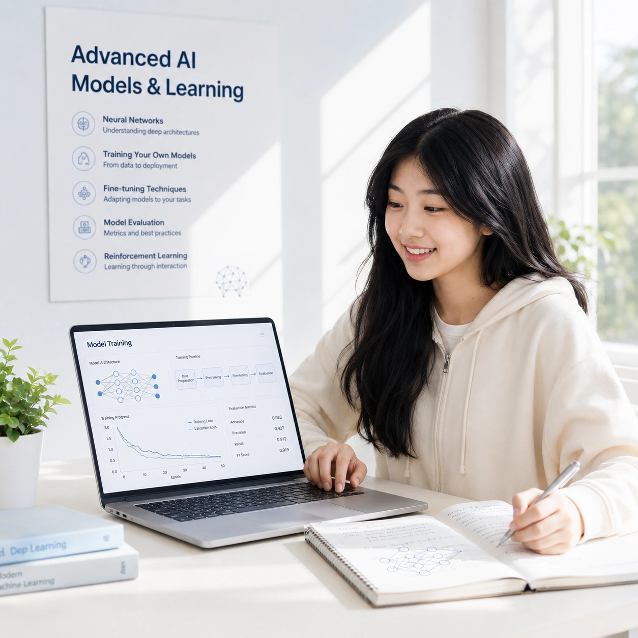 学生在笔记本电脑前，墙上海报讲解大语言模型、token与下一词预测原理