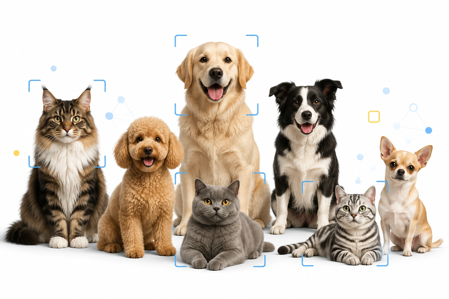 AI computer vision demo drawing bounding boxes around several cats and dogs