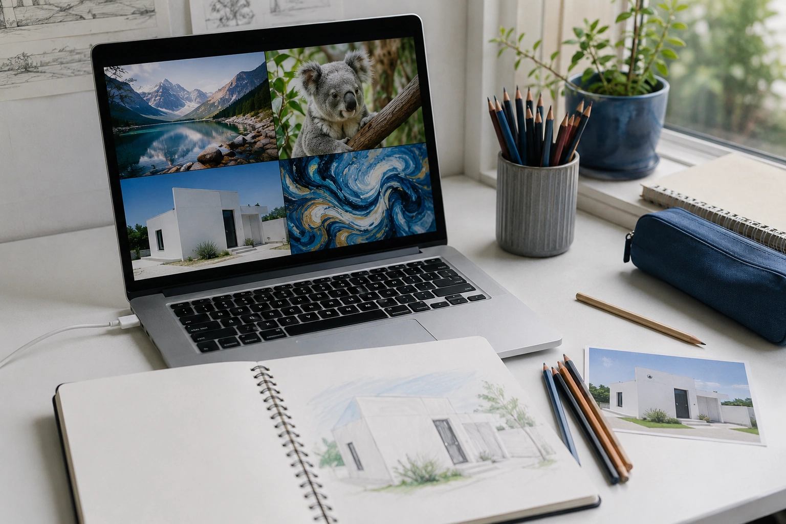 Laptop screen showing AI-generated images next to hand-drawn sketches