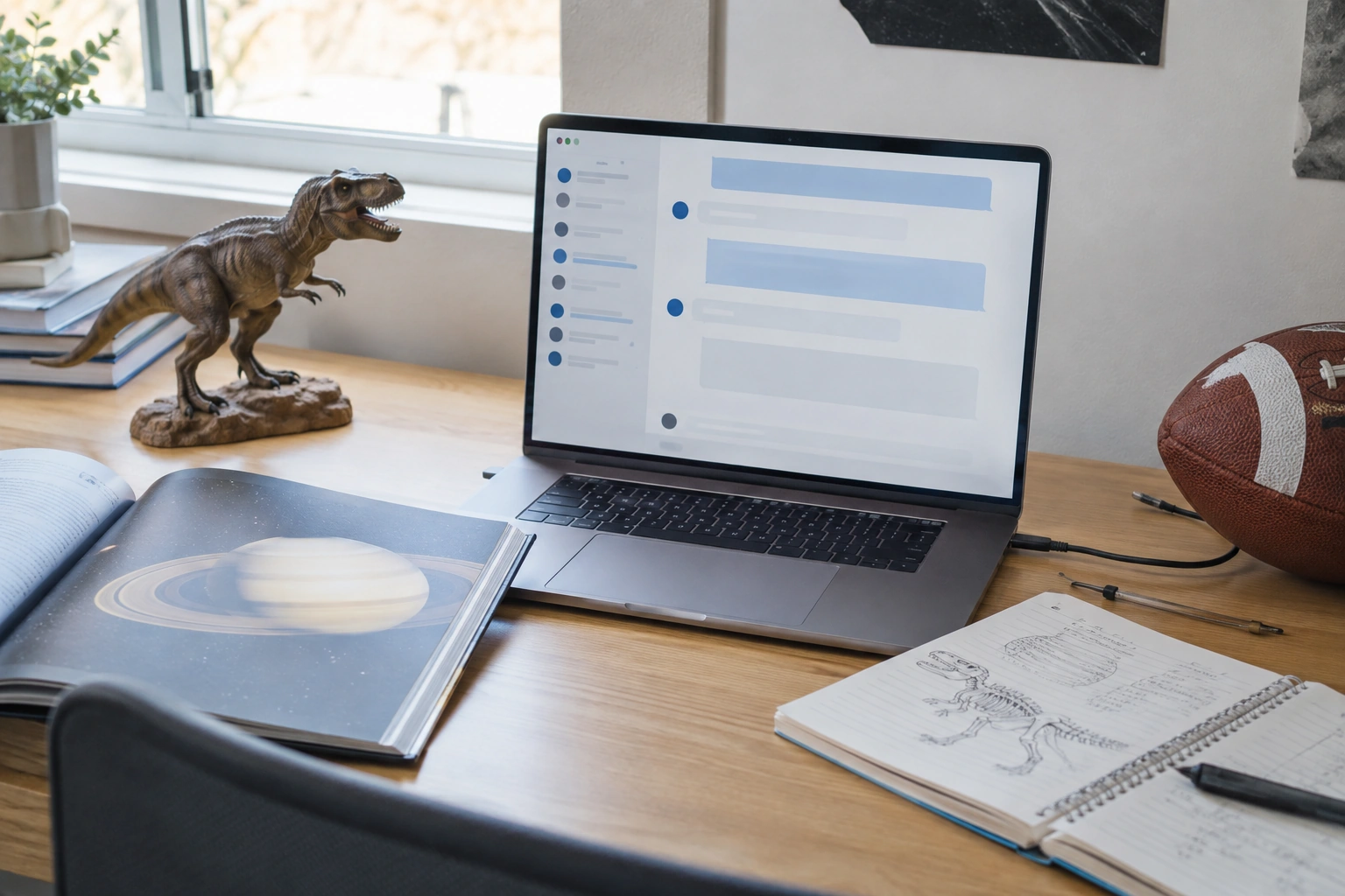 Laptop showing an AI knowledge-expert chat interface, next to a dinosaur model, a globe and a football